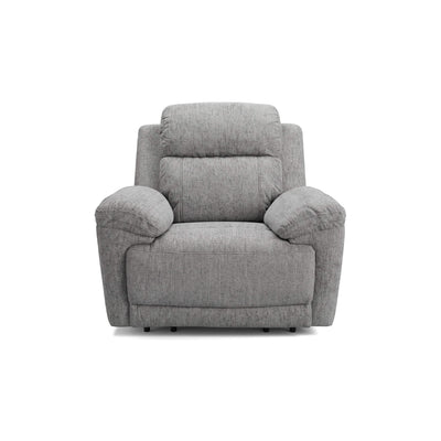 Grey fabric power recliner armchair with padded arms and tall backrest.