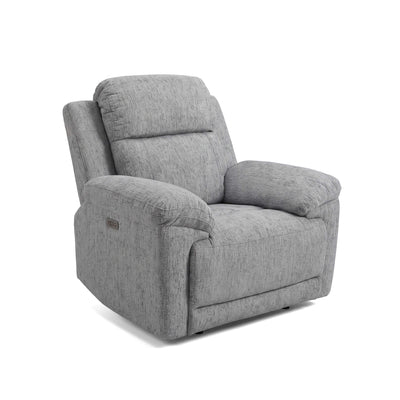 Grey fabric power recliner armchair with wide track arms and padded headrest.