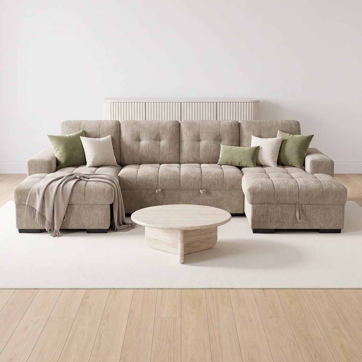Beige U-shape sofa bed with decorative pillows and quilted cushions, sectional layout