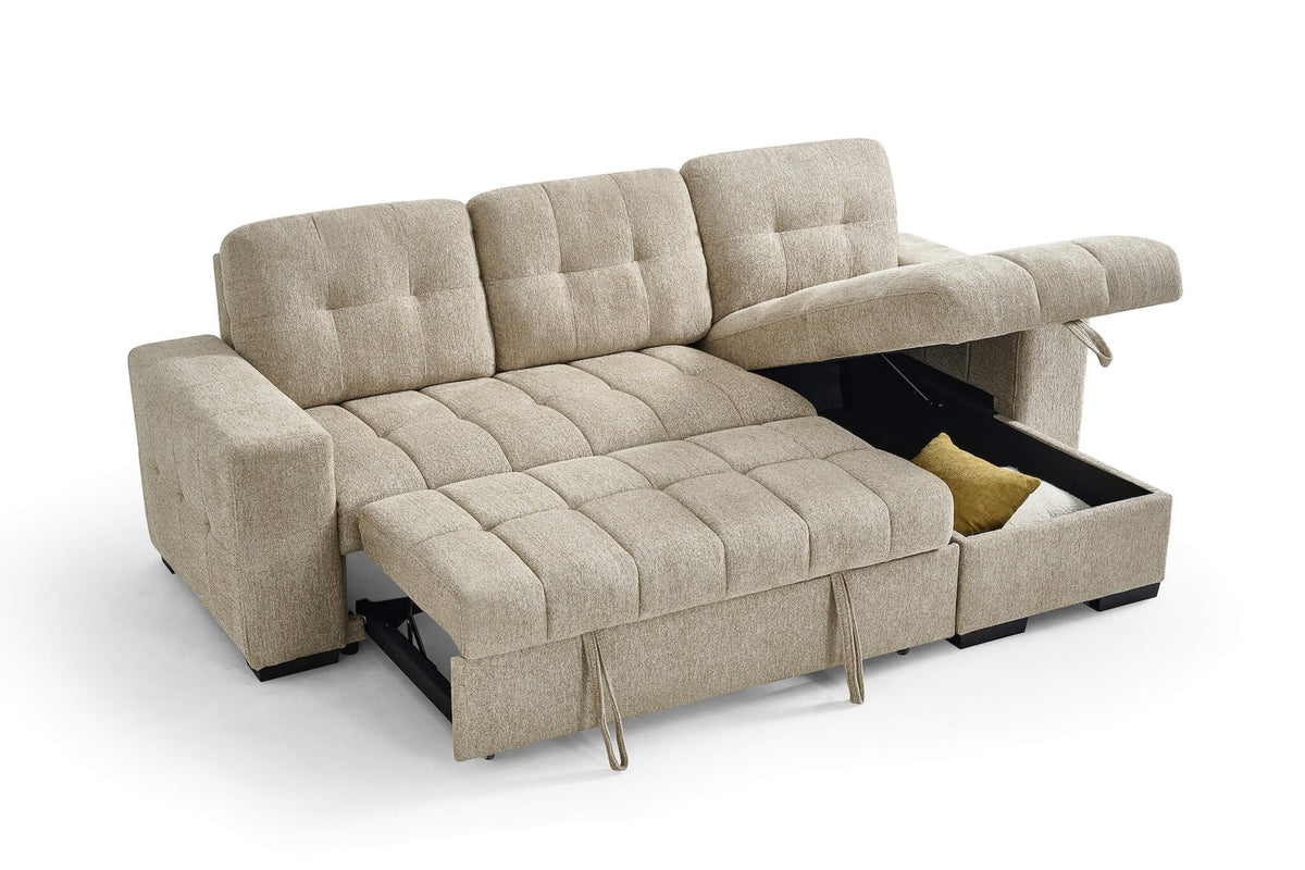 Beige corner sofa bed with pull-out bed platform extended and open storage compartment.