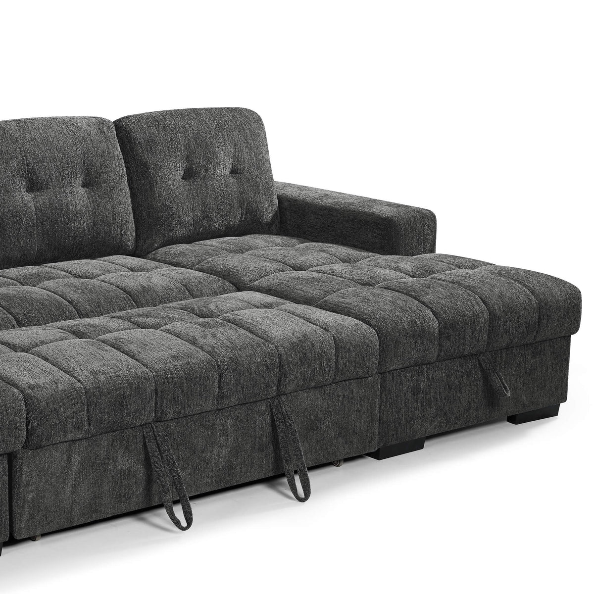 Grey sofa bed with quilted, mattress-like seat and tufted armrest back cushion