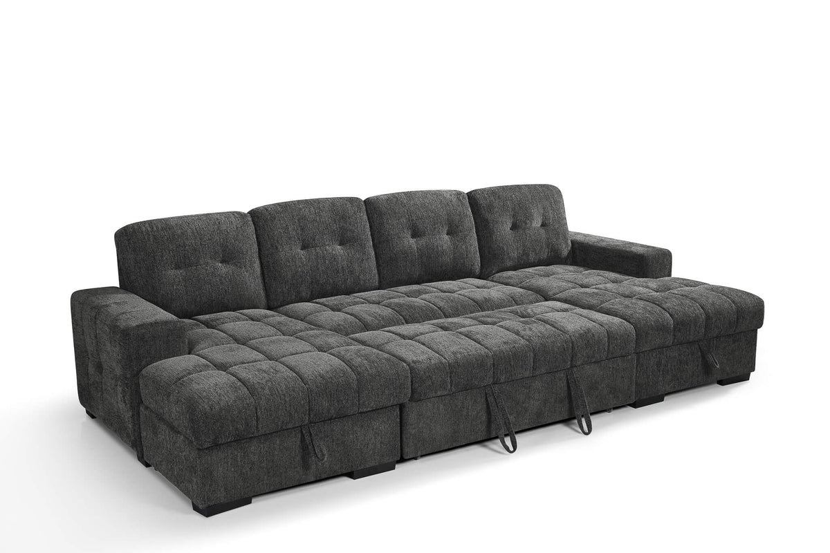 Grey U-shape sofa bed with tufted back cushions and quilted seat