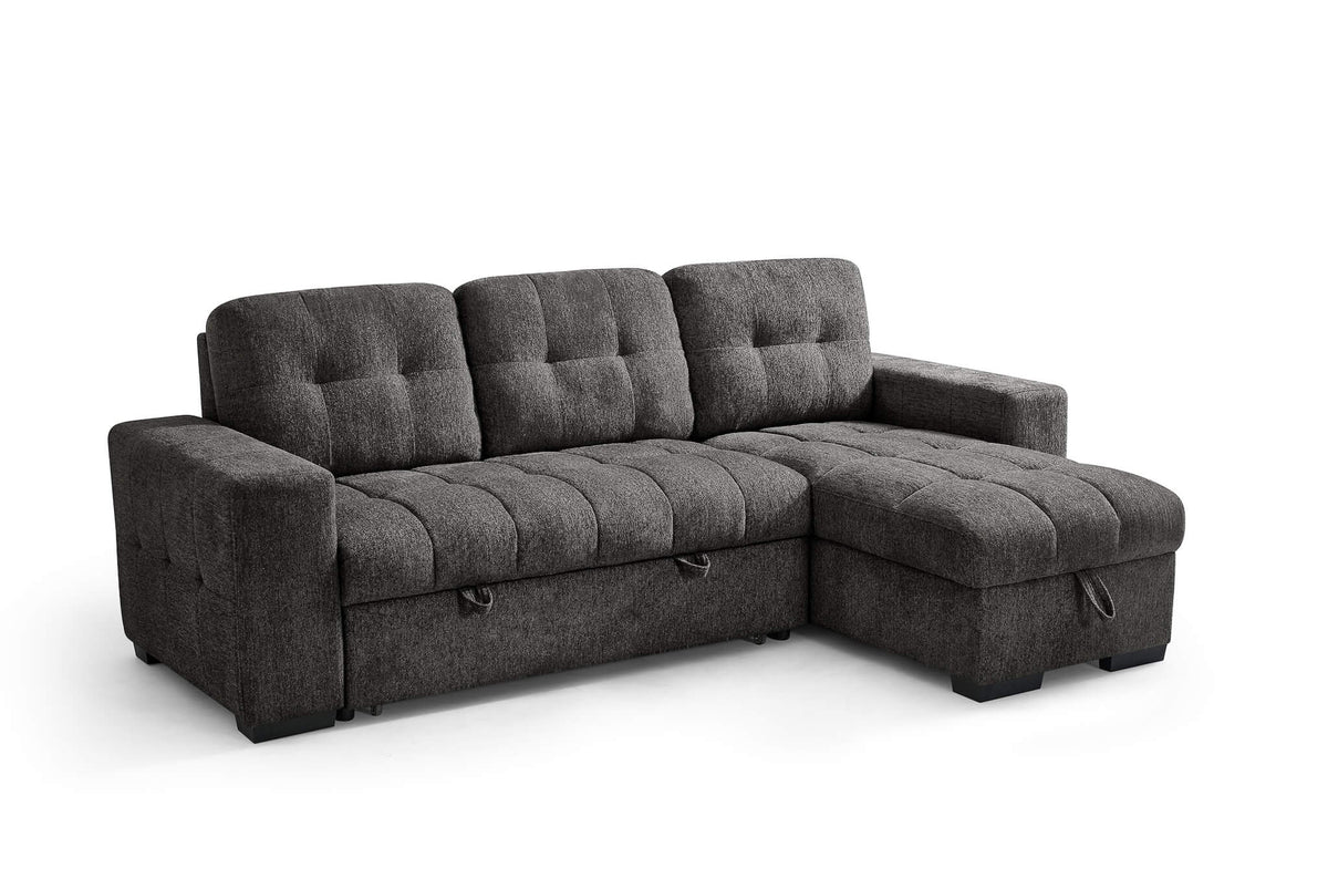 Dark gray corner sofa bed with tufted back and seat cushions, visible chaise section