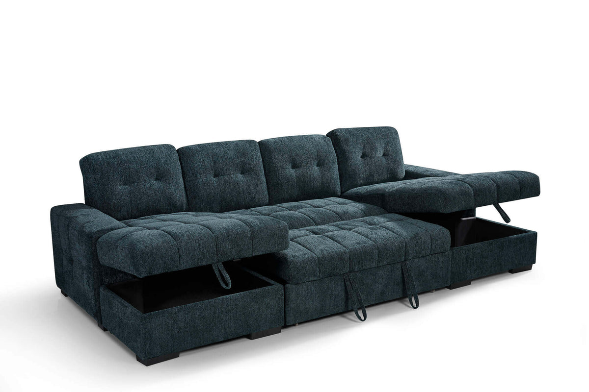 Teal U-shaped sofa bed with tufted back cushions and pull-out chaise sleeping surface