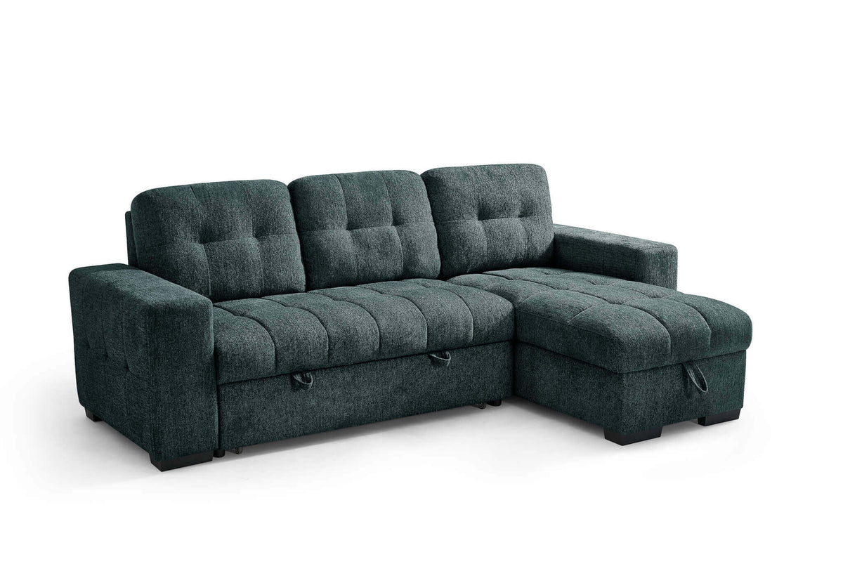 Teal corner sofa bed with tufted back and padded seat, reversible chaise design