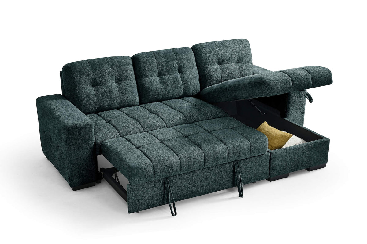 Teal corner sofa bed fully extended as a bed, tufted back and seat cushions
