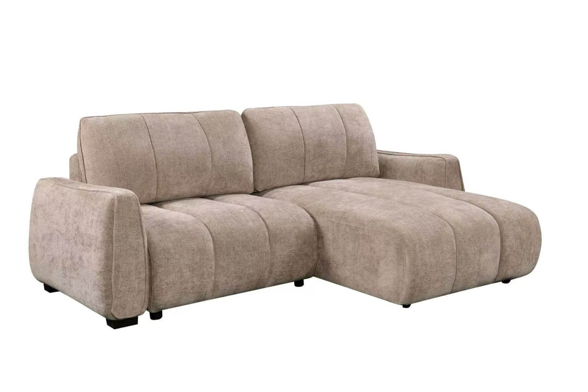 Beige corner sofa bed with split back cushions and rounded armrests, chaise style