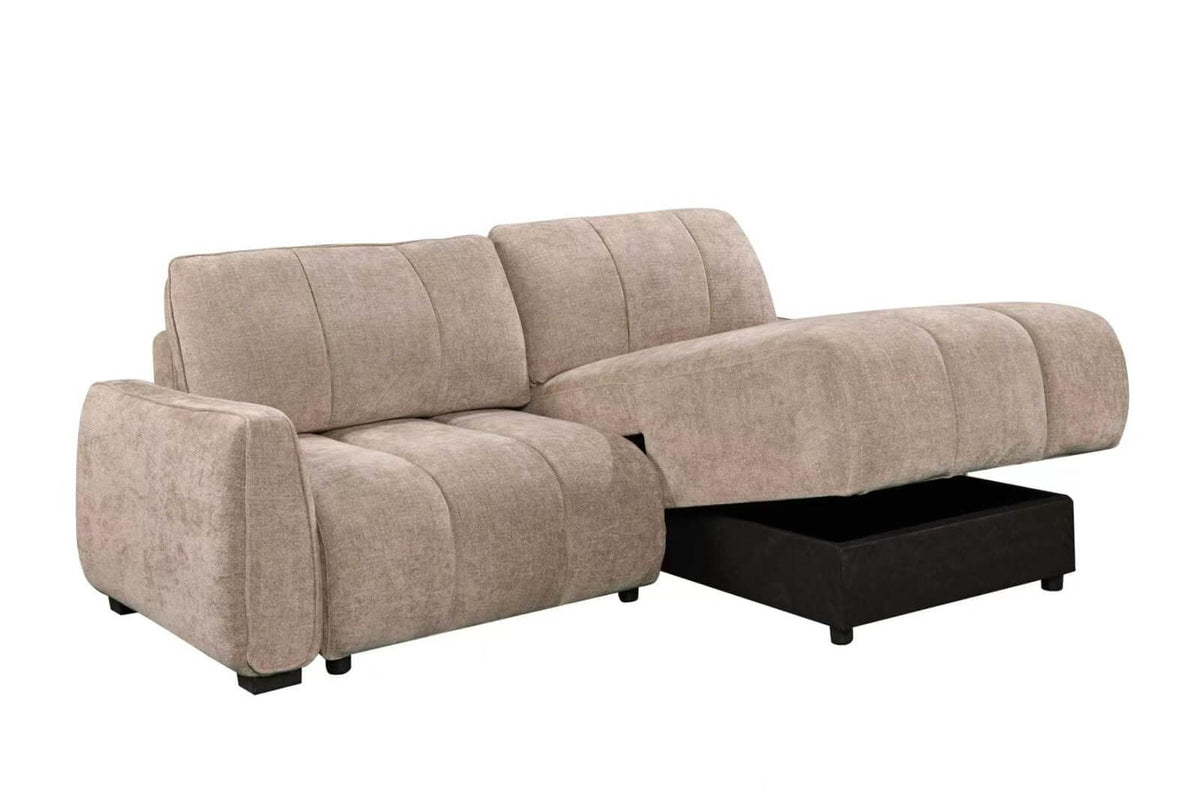 Beige corner sofa bed with chaise extended, showing open base platform and tufted cushions