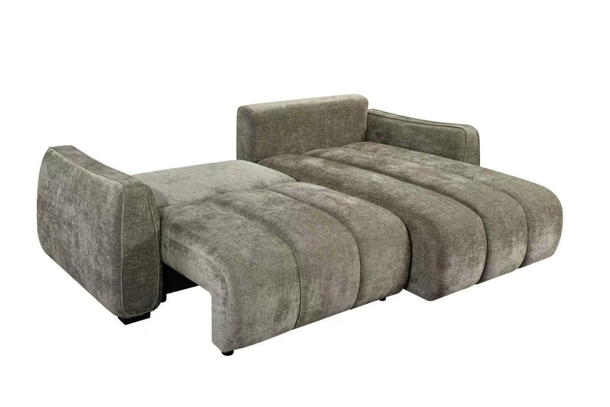 Corner sofa bed with greenish-gray fabric, split back cushions, and pull-out lounge section