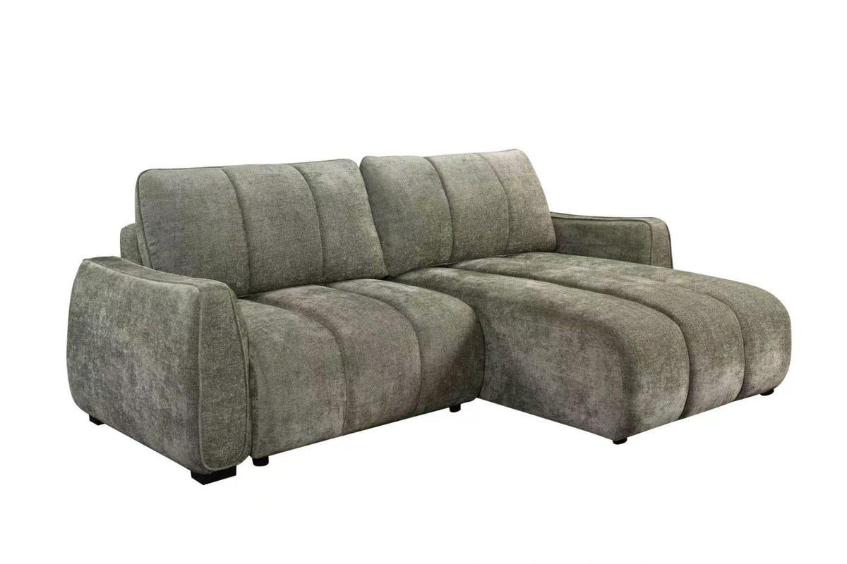 L-shaped corner sofa bed with greenish-gray upholstery and padded armrests