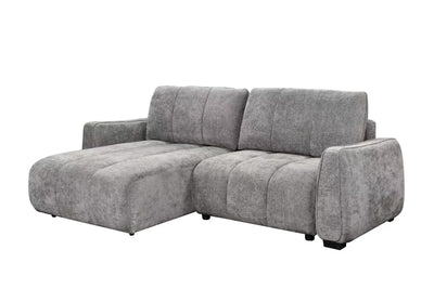 Grey corner sofa bed with two-section chaise, square arms and segmented seat cushions.