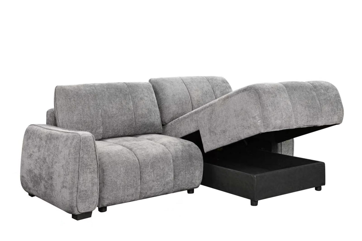 Grey corner sofa bed with extended bed section, showing dark inner base panel.