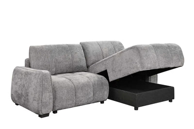 Grey corner sofa bed with extended bed section, showing dark inner base panel.