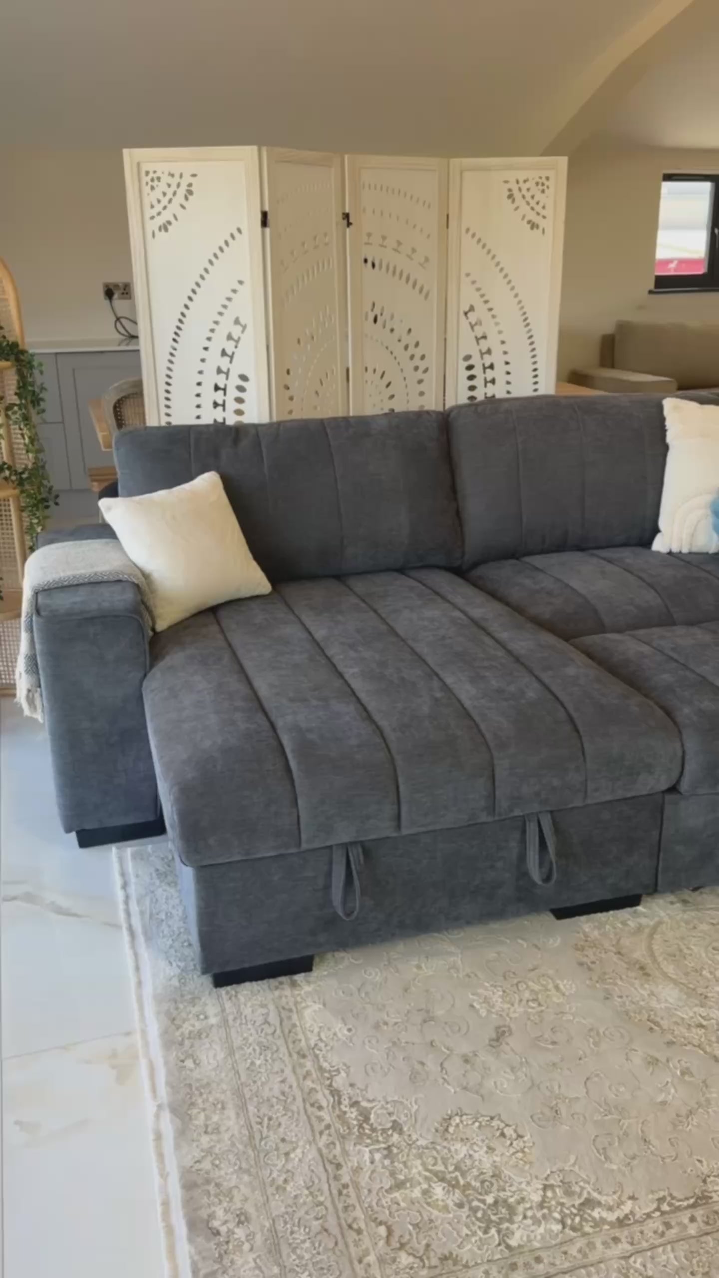 Load video: Franklin Beige Universal Corner Sofa Bed with USB &amp; Storage