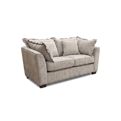 Beige 2-seater sofa with three back pillows and two seat cushions, rolled arms