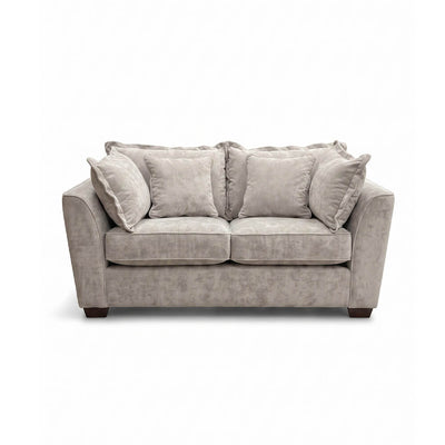 Beige 2-seater sofa with four back pillows and wide seat cushions, short legs