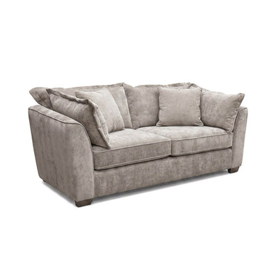 Beige 3-seater sofa with plush cushions and tufted back, rolled arms