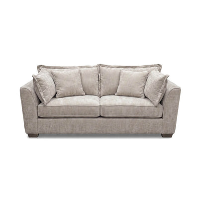 Beige 3-seater sofa, straight back cushions with rolled arms and low legs