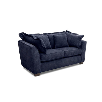 Dark blue 2-seater sofa, angled view, tufted back and boxy seat