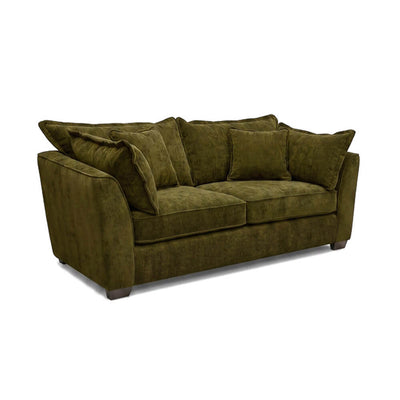 3-seater dark green velvet sofa with cushioned arms and three seat cushions