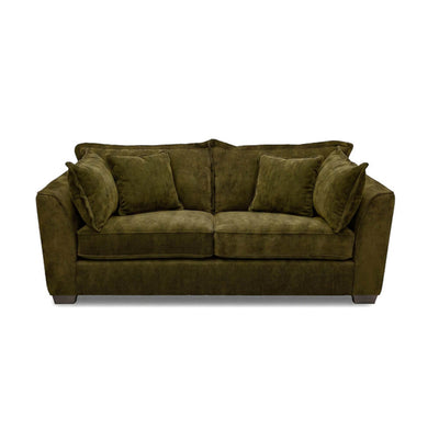 3-seater dark green velvet sofa, front view with three back cushions and armrests